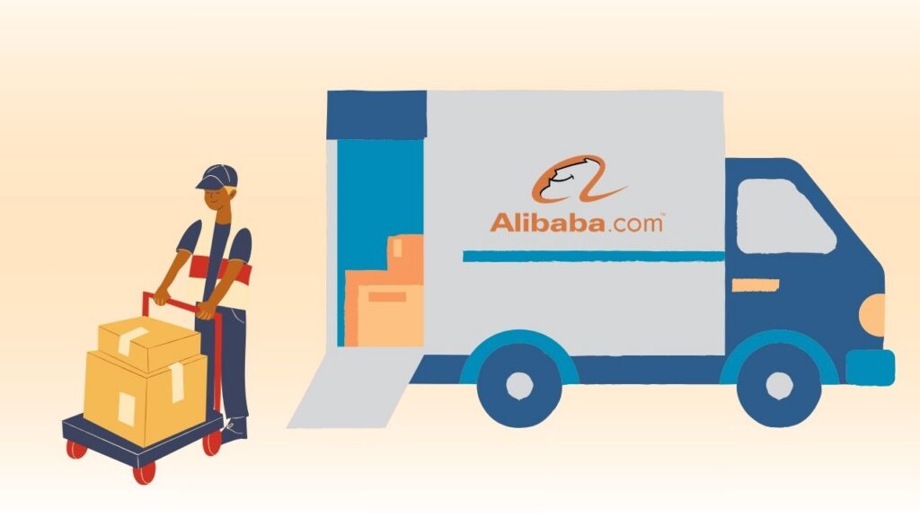 Alibaba shipping agent delivery service with China warehouse logistics and parcel transportation illustration