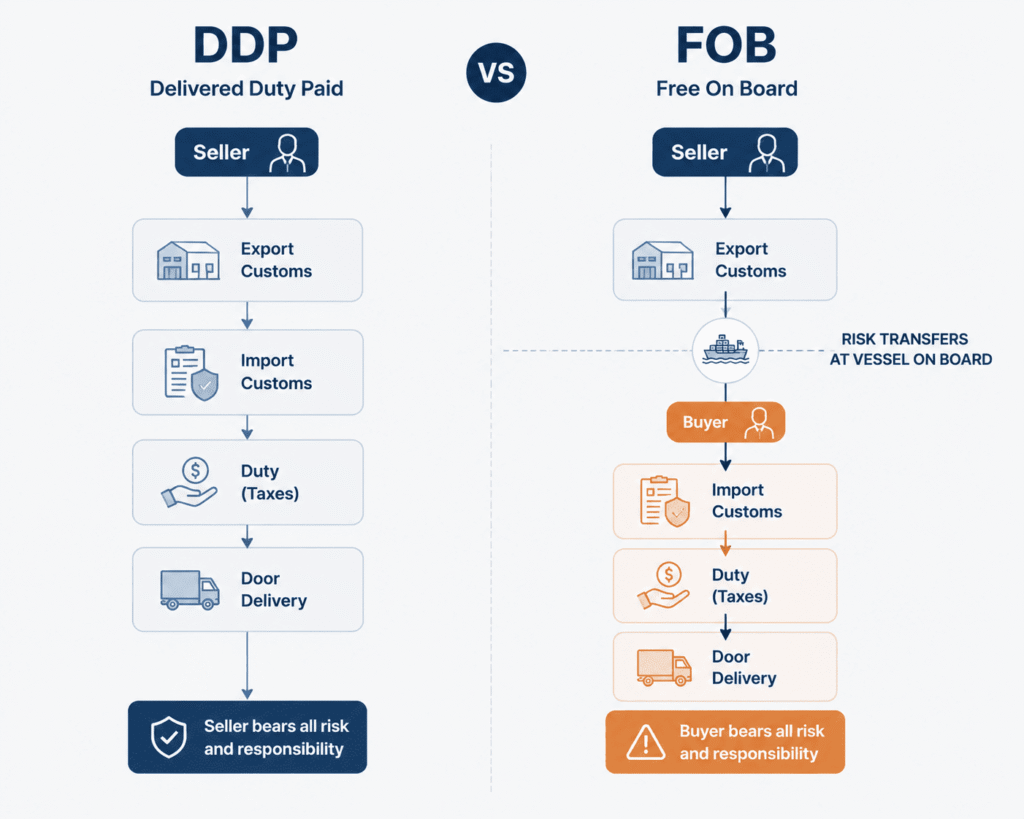 DDP vs FOB shipping terms comparison showing seller and buyer responsibilities for export customs, import customs, duties, and door delivery in international trade