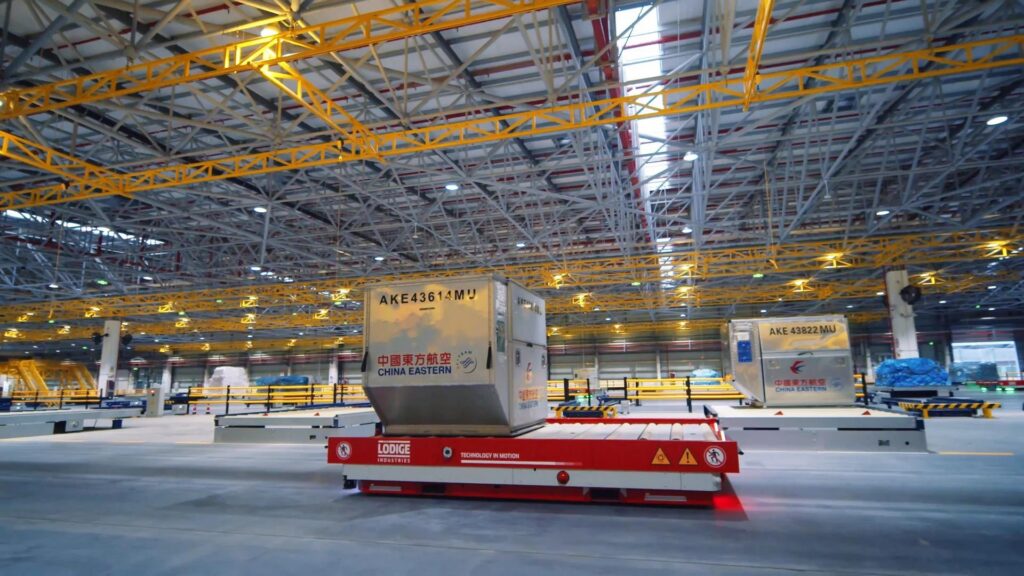 Smart automated air cargo warehouse with AGV robots and digital logistics systems