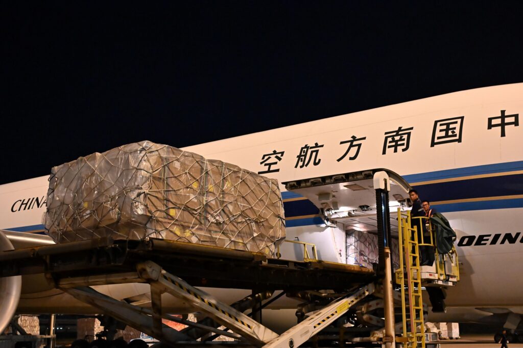 Cargo aircraft loading operation at Guangzhou Baiyun International Airport
