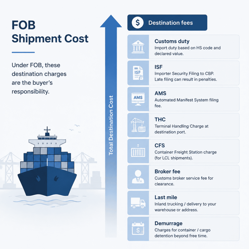 FOB shipping hidden cost breakdown including customs fees and destination charges