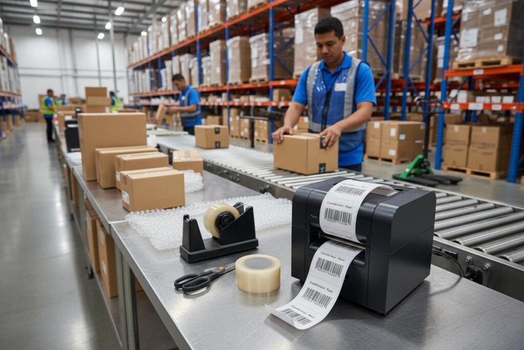 Warehouse workers repacking products and applying shipping labels for international delivery