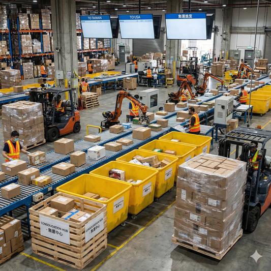 Modern Guangzhou warehouse consolidating products from multiple suppliers into one international shipment