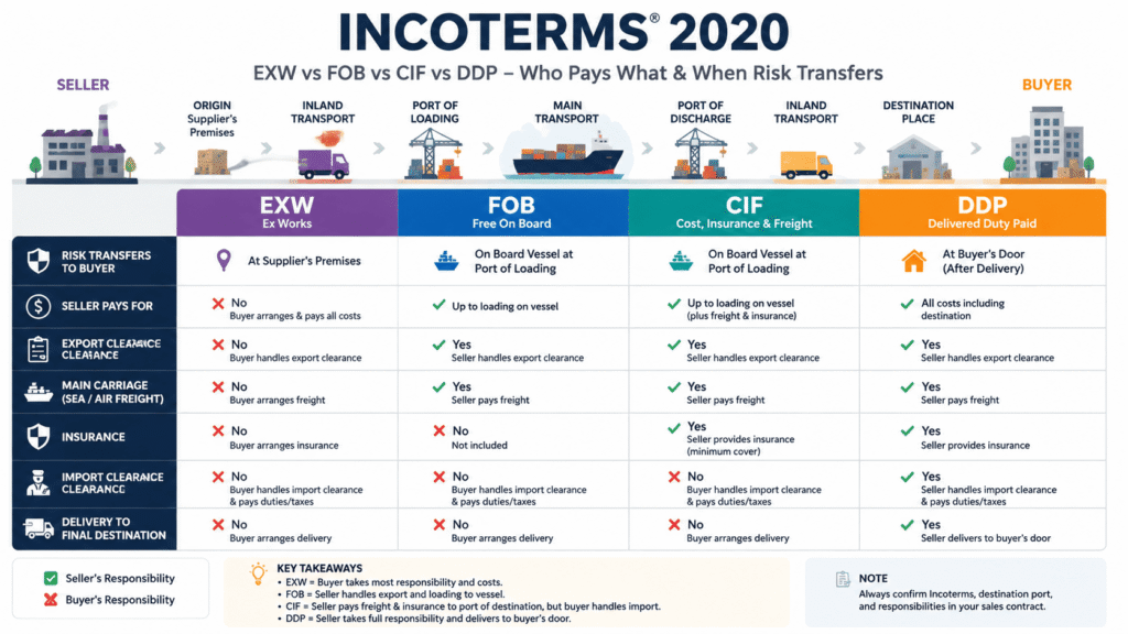 Comparison of Alibaba shipping Incoterms EXW FOB CIF and DDP