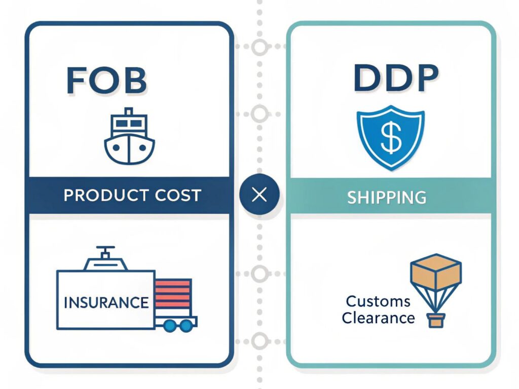 DDP vs FOB comparison showing who bears customs clearance, duties, and import risk when shipping Alibaba orders internationally