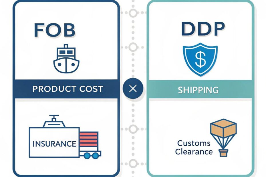 DDP vs FOB comparison showing who bears customs clearance, duties, and import risk when shipping Alibaba orders internationally