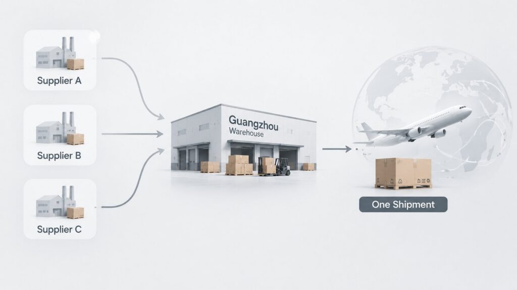 Guangzhou warehouse consolidating goods from multiple suppliers into one international shipment