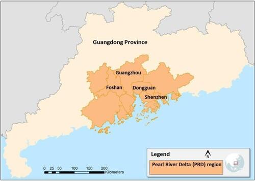 Pearl River Delta (PRD) map showing Guangzhou Shenzhen Dongguan and Foshan manufacturing areas