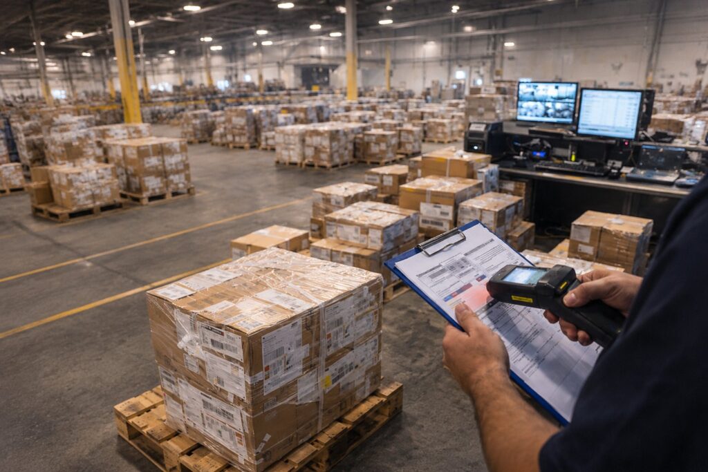 Goods are received, checked, stored, and prepared before international shipment.