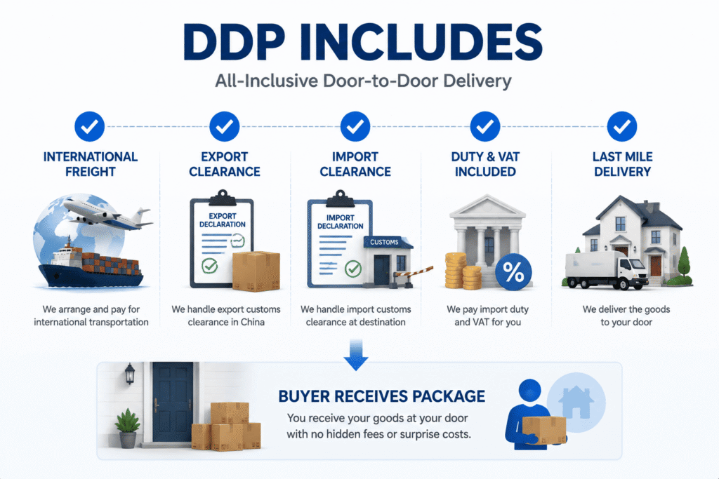 Services included in Alibaba DDP shipping including freight customs clearance duties and delivery