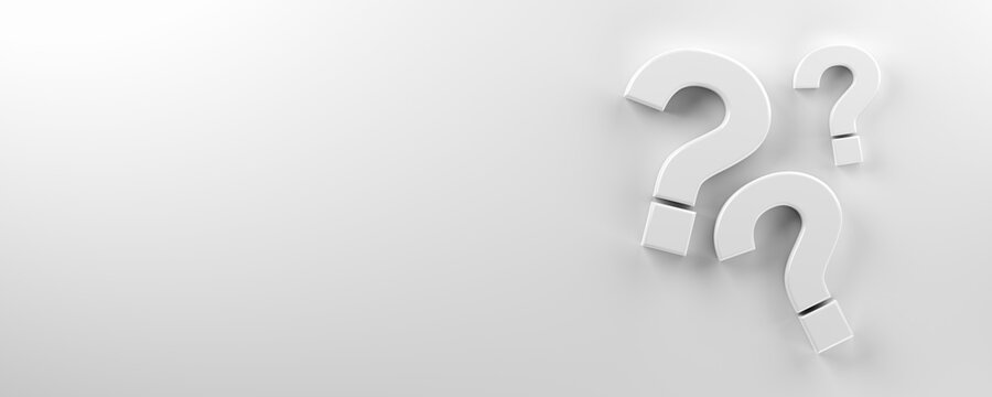 Three 3D question marks on a light background, representing an FAQ guide about Alibaba shipping negotiation.