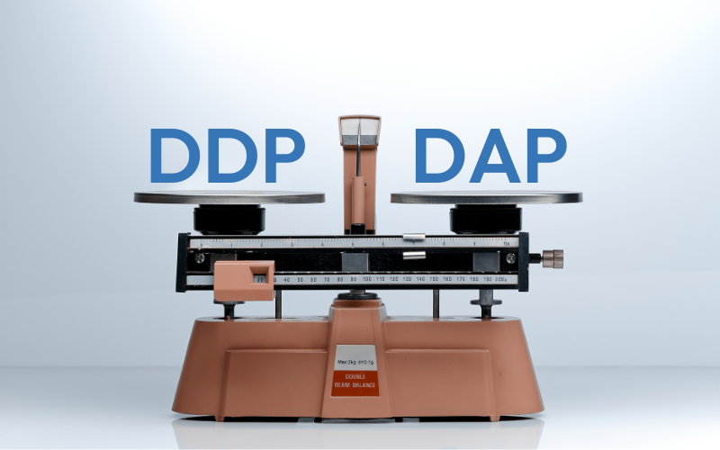 A balanced scale with the text "DDP" on the left pan and "DAP" on the right pan, symbolizing the comparison of DDP VS DAP in international trade.