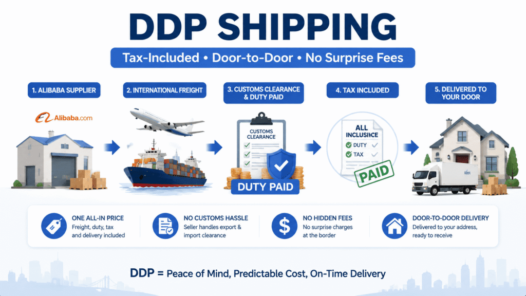 Alibaba DDP shipping process showing freight customs clearance duty payment and final delivery