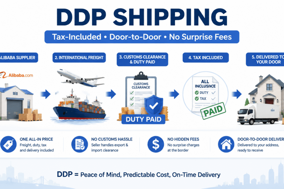 Alibaba DDP shipping process showing freight customs clearance duty payment and final delivery
