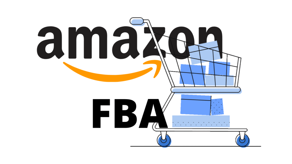 A graphic showing the Amazon logo, a shopping cart filled with blue boxes, and the bold text "FBA," representing Amazon Fulfillment services.