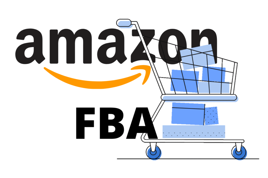 A graphic showing the Amazon logo, a shopping cart filled with blue boxes, and the bold text "FBA," representing Amazon Fulfillment services.
