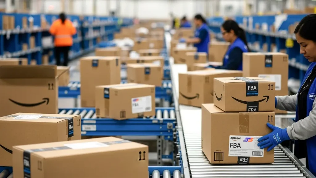 An Amazon warehouse worker processing FBA-labeled boxes on a conveyor belt, representing the final receiving point for sea and air freight shipments to fulfillment centers.
