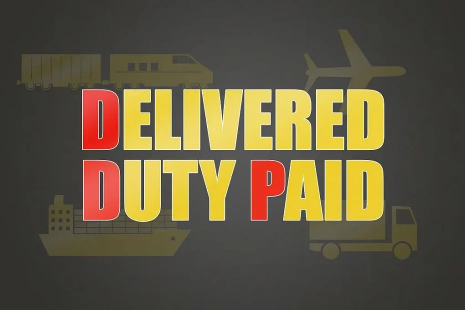 Delivered Duty Paid (DDP) shipping concept with transport icons including ship, truck, train and airplane