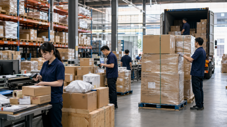 A photograph of warehouse workers scanning, wrapping, and stacking boxes onto pallets, representing the physical process to consolidate Alibaba orders.