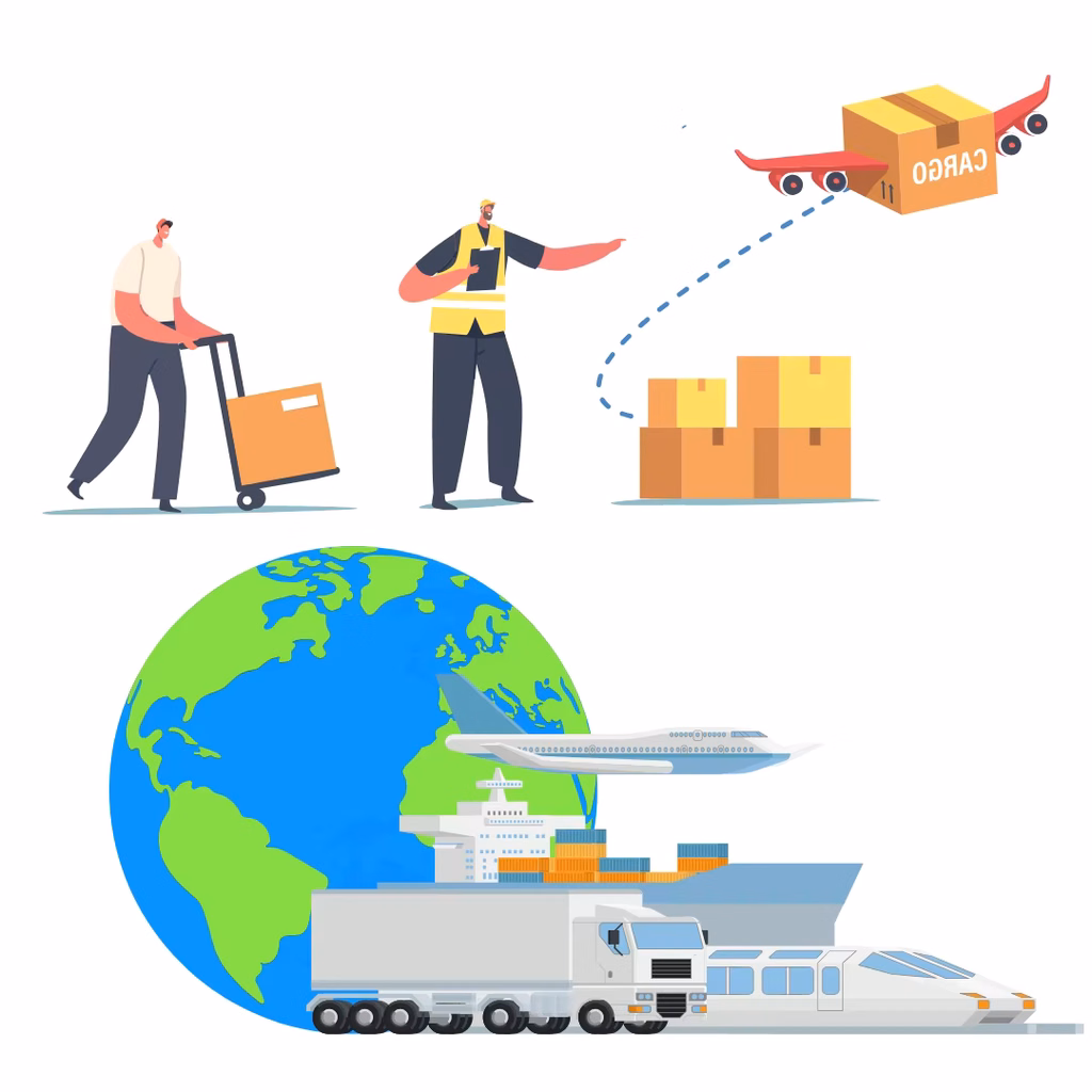 A flat illustration of global logistics showing a handcart, a warehouse worker, flying cargo, and multiple transport modes around a globe, representing Alibaba shipping cost factors.