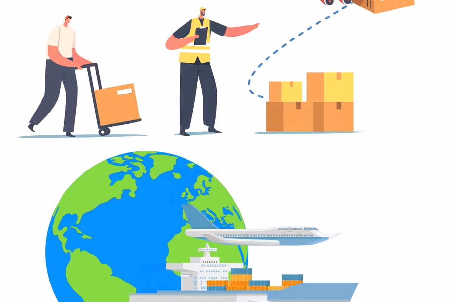 A flat illustration of global logistics showing a handcart, a warehouse worker, flying cargo, and multiple transport modes around a globe, representing Alibaba shipping cost factors.