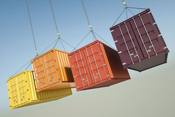 A 3D illustration of yellow, orange, red, and dark red shipping containers being hoisted by crane cables against a blue sky, representing international cargo transport to import from China.