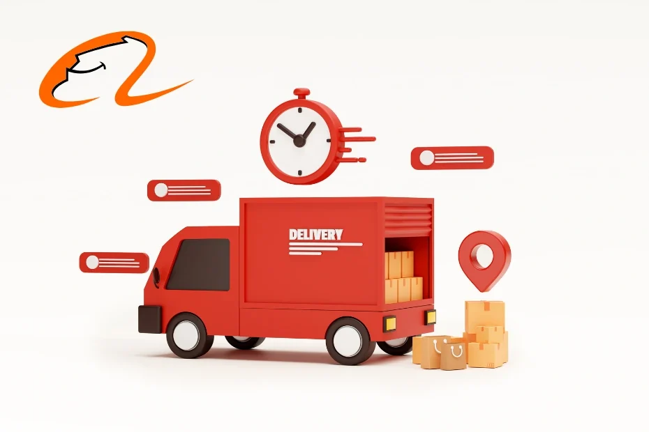 Red delivery truck with packages, flying clock and location pin illustrating fast Alibaba shipping and delivery timeline