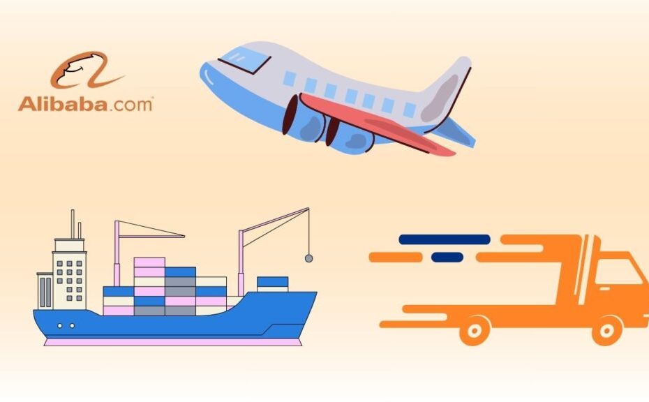 A flat infographic showing the Alibaba logo, an airplane, a container ship, and an orange delivery truck, representing the different shipping methods for Alibaba shipping.