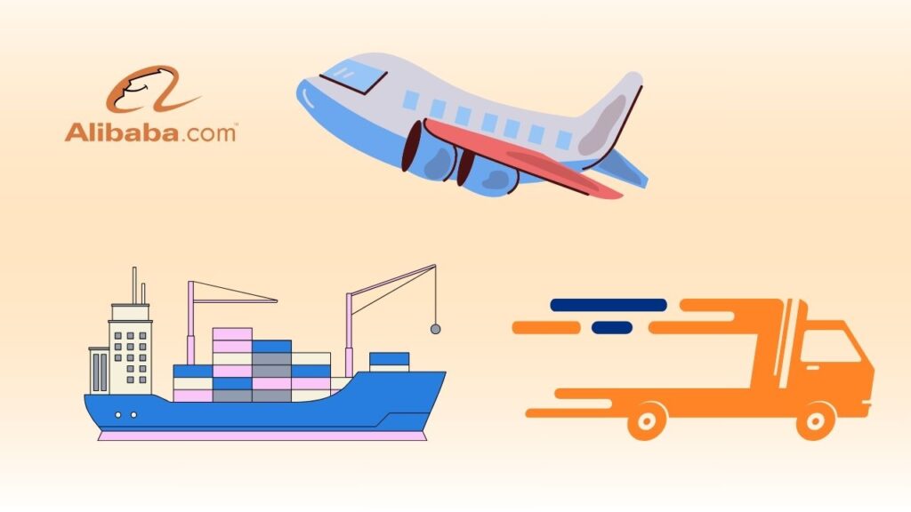 A flat infographic showing the Alibaba logo, an airplane, a container ship, and an orange delivery truck, representing the different shipping methods for Alibaba shipping.