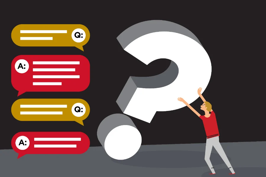 A graphic showing Q&A speech bubbles on the left and a person pushing a giant question mark, representing an FAQ guide about Alibaba Shipping.
