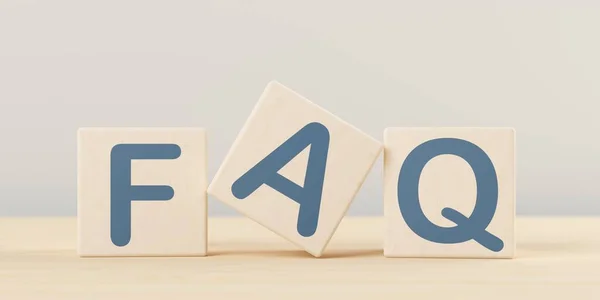 Three white wooden blocks with the blue letters "F," "A," and "Q" on a light surface, representing a FAQ section.