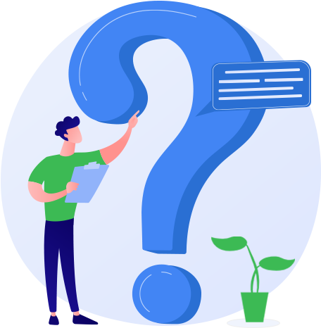 A person pointing at a large blue question mark, representing an FAQ guide about reducing shipping costs on Alibaba.