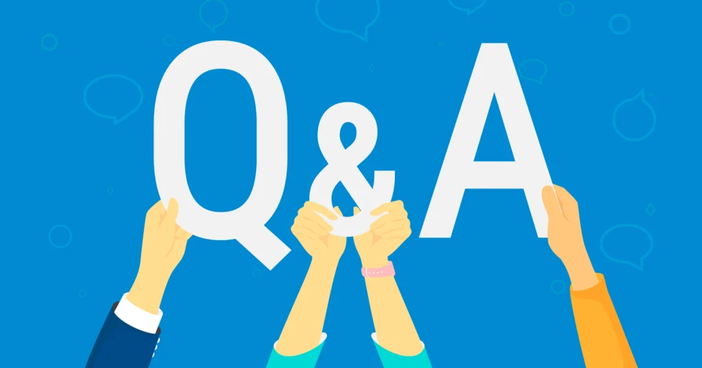A flat illustration of hands holding the white letters "Q & A" against a blue speech bubble background, representing questions about Guangzhou warehouse shipping agent services.