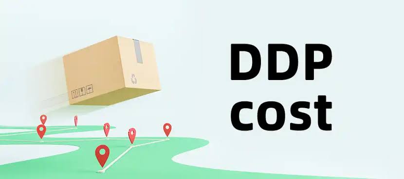A 3D illustration showing a flying cardboard box over a path with red location pins, next to the text "DDP cost," representing the total cost of Delivered Duty Paid shipping.