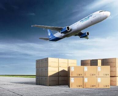 A cargo airplane flying over stacked shipping boxes on an airport tarmac, representing the choice between supplier shipping and using a freight forwarder on Alibaba.