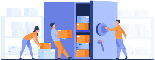 A flat illustration of warehouse workers loading boxes into a storage vault, representing the process to consolidate orders for shipping.