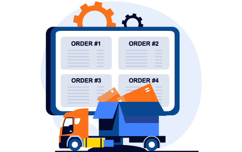 A flat illustration of a dashboard with four order panels, processing gears, and a delivery truck carrying boxes, representing the workflow to consolidate Alibaba orders.