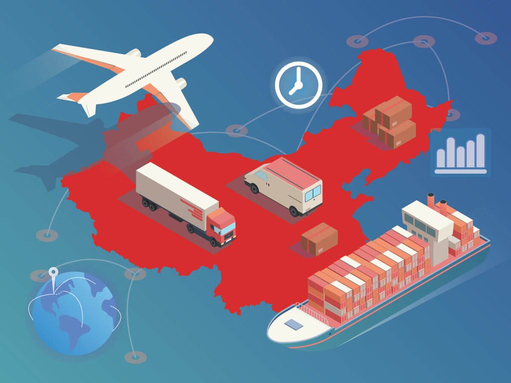 A 3D illustration featuring a red map of China with an airplane, truck, van, and cargo ship, surrounded by icons for time and data, representing the import from China process.