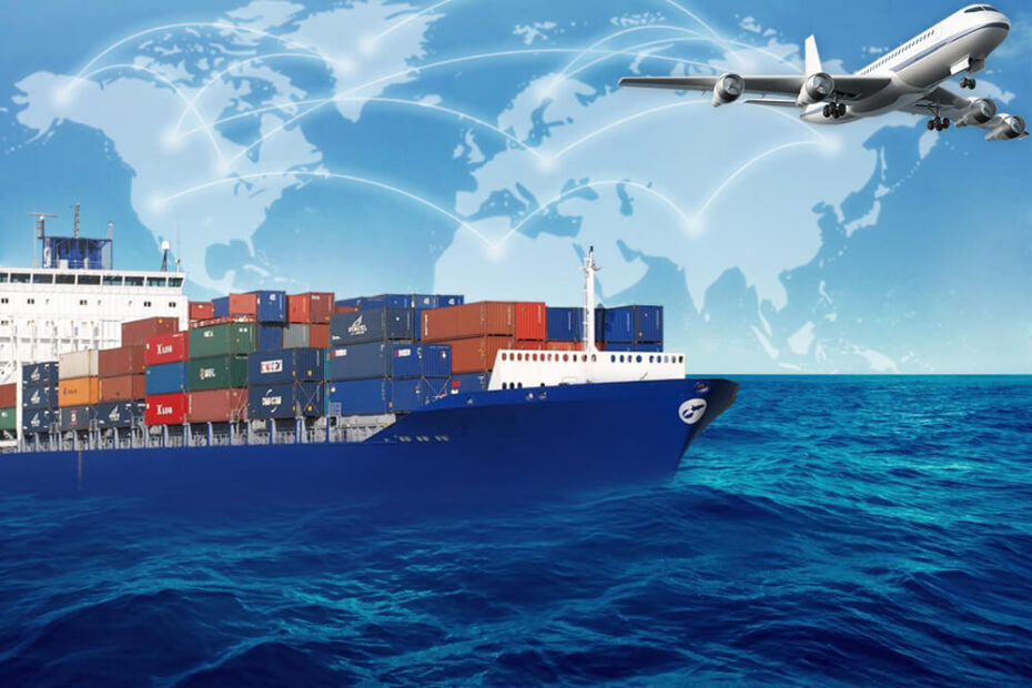 A blue cargo ship and a white cargo plane with a world map and glowing network lines background, representing a Freight Forwarder / Courier from China offering global sea and air shipping.