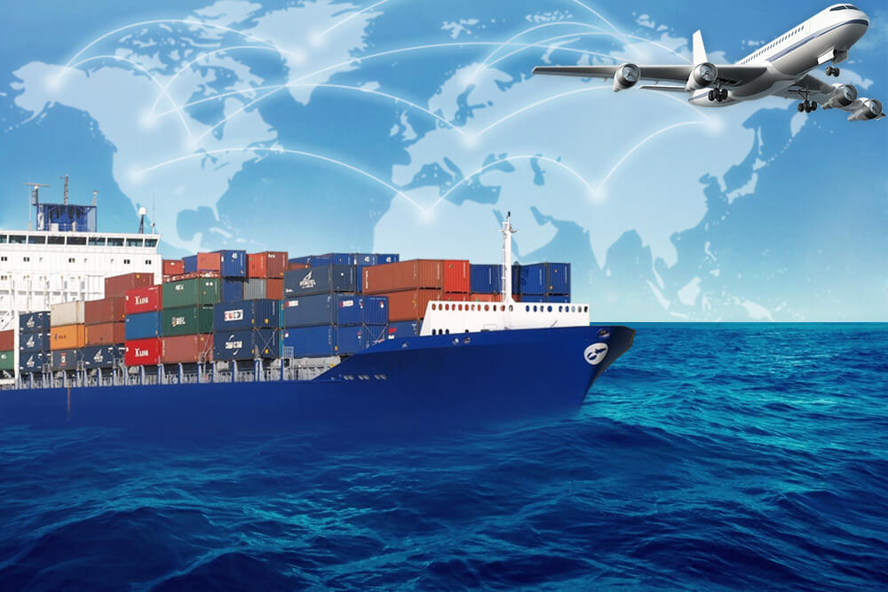 A blue cargo ship and a white cargo plane with a world map and glowing network lines background, representing a Freight Forwarder / Courier from China offering global sea and air shipping.