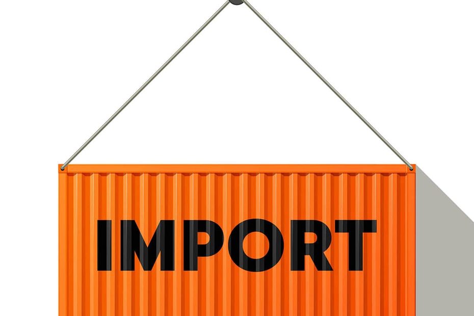 A graphic of an orange shipping container hanging from a crane with the word "IMPORT" in black letters, representing the physical process of importing goods.