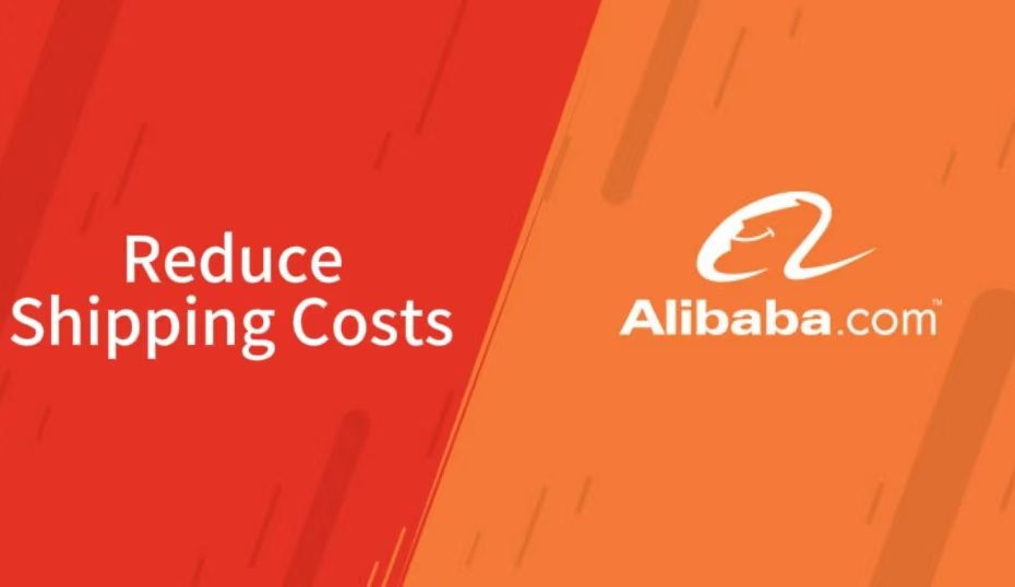A split graphic with red text saying "Reduce Shipping Costs" on the left and the Alibaba.com logo on the right.