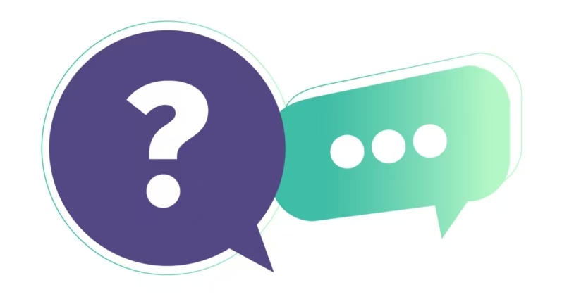 A purple speech bubble with a question mark and a green speech bubble with dots, representing an FAQ guide about the best sites to import from China.