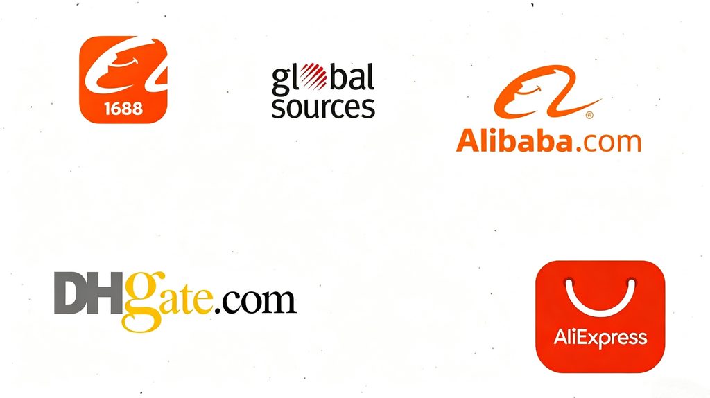 A collage featuring the logos of 1688, Global Sources, Alibaba.com, DHgate, and AliExpress, representing the best sites to import from China.